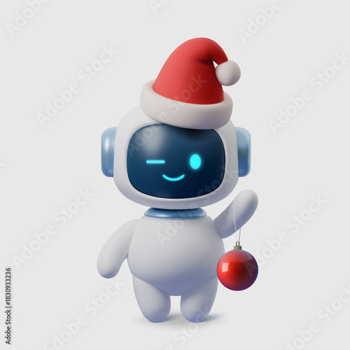 Cute 3D AI robot in Santa hat holding Christmas ornament. Festive holiday character for winter designs, tech greetings, New Year cards and digital illustrations