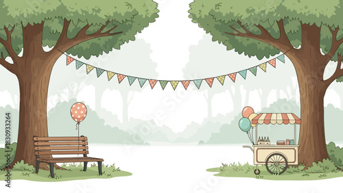 Lively park illustration with a festive atmosphere, showcasing colorful party decorations strung between grand trees, a delightful snack cart, and a cozy bench, ready for fun events