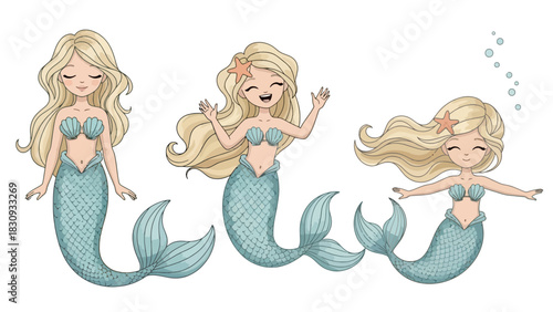 Three whimsical mermaids with blonde hair and sparkling tails, adorned with starfish, exude joy and wonder
