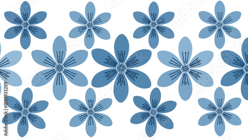 Elegant seamless blue floral border pattern. Stylized flower illustration for decorative graphic design, textile prints, wedding invitations, and website backgrounds