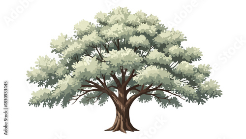 A majestic, ancient tree with a sprawling canopy of light green leaves, standing tall with a strong, gnarled trunk and exposed roots