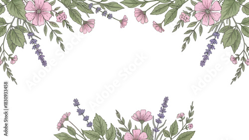 Vintage hand-drawn floral border with delicate pink wildflowers and purple lavender, creating a beautiful botanical frame for invitations or greetings