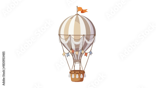 Whimsical retro hot air balloon illustration with decorative flags and a striped envelope, perfect for vintage adventure and travel concepts, isolated on a white background