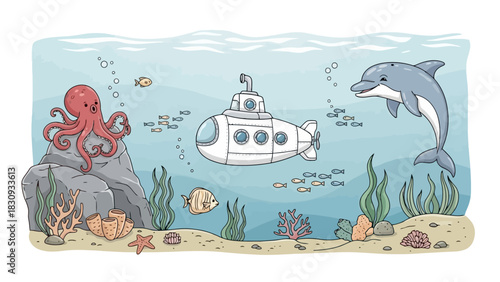 Underwater Adventure Dolphin, Octopus, Submarine in Ocean Scene