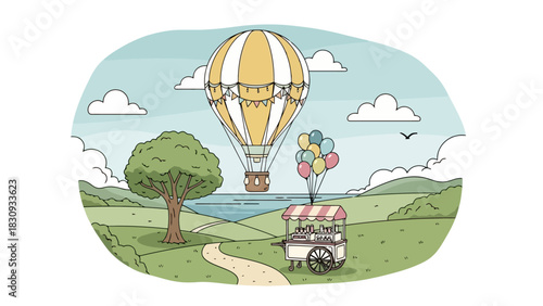 Scenic Hot Air Balloon Ride Adventure over the Landscape, Clouds, and Balloons