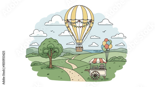Hot air balloon soaring over a picturesque countryside scene with a charming cart on a sunny day