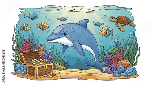 Vibrant Underwater Kingdom A Playful Dolphin Explores a Colorful Coral Reef Teaming with Exotic Fish and a Hidden Treasure Chest