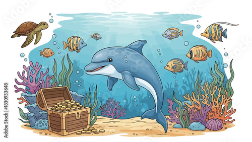 Underwater Treasure Scene with Dolphin and Sea Life Illustration