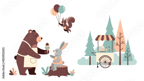 An enchanting illustration depicting a friendly bear serving a delightful ice cream cone to a joyful rabbit, complemented by a charming forest ice cream cart setup ready for more sweet treats
