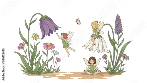 Whimsical illustration of magical forest sprites and delicate fairies interacting with vibrant wildflowers and a graceful butterfly in a serene garden