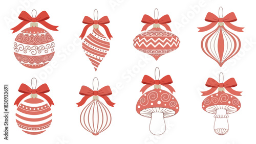 Festive Christmas Ornament Collection Elegant Red and White Baubles with Ribbon Bows for Holiday Decor