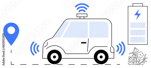 Autonomous car with GPS marker, wireless signals, battery icon, and plant. Ideal for smart cars, green energy, innovation, ecology transportation technology mobility. Simple flat metaphor