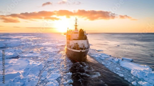 Ship Navigating Through Ice at Sunset.