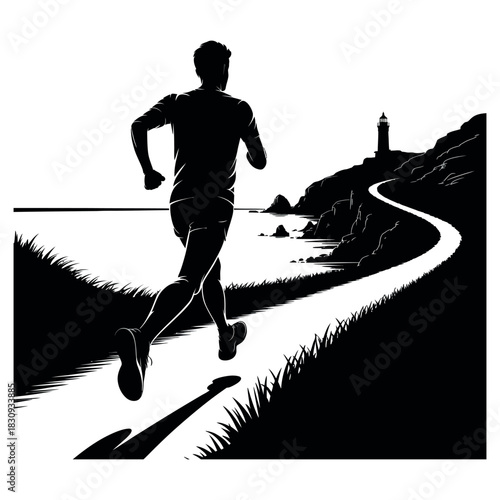 Silhouette of a lone runner on a winding path along the coast at sunrise
