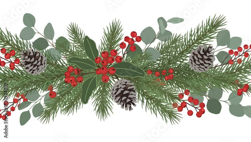 Festive Christmas Border Spruce, Berries, Eucalyptus, and Pine Cones for Holiday Decorations