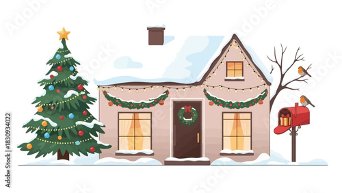 Charming snowy house adorned with festive Christmas lights, a decorated tree, and a wreath, creating a warm holiday scene with cheerful birds