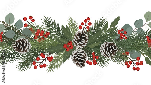 Festive Christmas garland with pinecones, red berries, and evergreen branches, perfect for holiday decorations and design elements