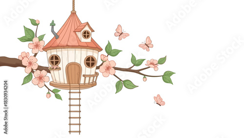 Whimsical Treehouse Illustration Charming Cottage on Branch with Blossoms and Butterflies