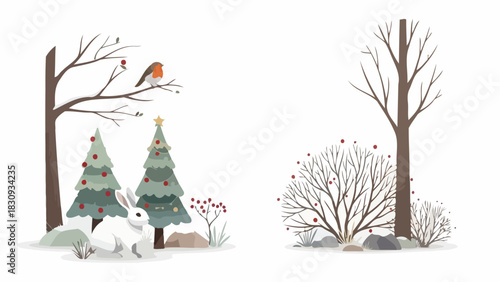 Whimsical Winter Forest Scene with a White Rabbit, Festive Christmas Trees, and a Robin, capturing the serene beauty of the cold season and nature's charm