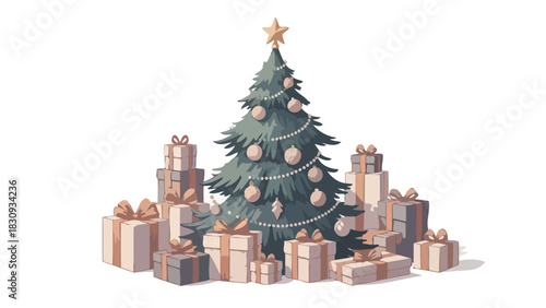 Decorated Christmas tree with star and ornaments, surrounded by numerous wrapped presents, symbolizing holiday cheer, joyful giving, and festive seasonal celebrations