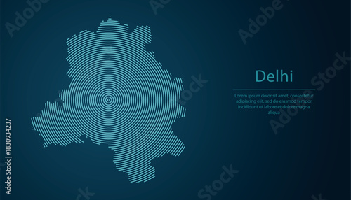 Delhi state of India, map contour with abstract circular line pattern