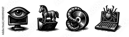 Malware threat vintage engraving icons set, spyware trojan virus and hacking