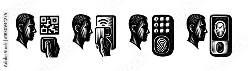 Access control vintage engraving icons set, QR code entry and biometric login