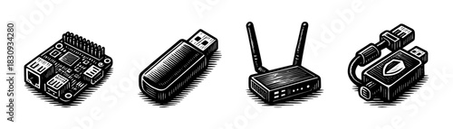 Hardware security vintage engraving icons set, microchip USB router camera devices