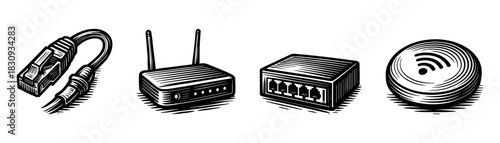 Network devices vintage engraving icons set, router switch cables wifi access point