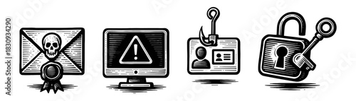 Cyber threat alerts vintage engraving icons set, malware email warning lock
