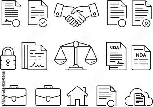 Legal Documents and Agreement Icons: Contracts, Law, and Finance Stock Image