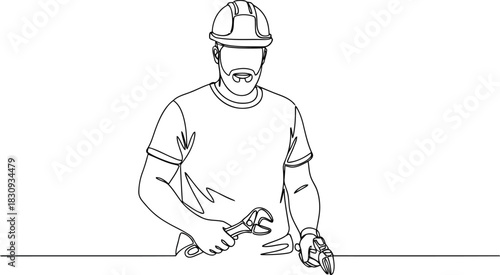 Continuous line drawing of repairman or construction worker with tools