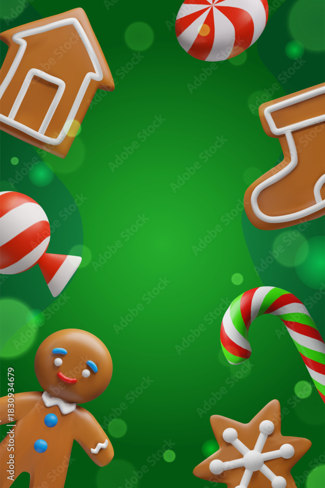 Fototapeta premium Festive Christmas background with gingerbread cookies, candy canes, holiday sweets around a bright green center space. For greeting cards, posters, invitations, and seasonal designs.