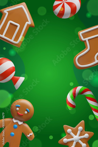 Festive Christmas background with gingerbread cookies, candy canes, holiday sweets around a bright green center space. For greeting cards, posters, invitations, and seasonal designs.