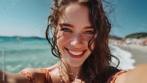 closeup shot of a good looking female tourist. Enjoy free time outdoors near the sea on the beach. Looking at the camera while relaxing on a clear day Poses for travel selfies smiling happy tropical