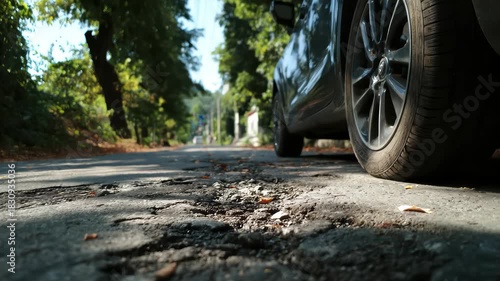 car wheels running and closed up Very bad quality street with potholes. have tree. Damaged asphalt pavement road with potholes in city, dangerous, broken, garage 