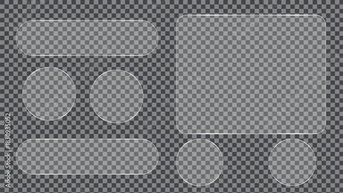 Liquid glass button interface, light frame banner set, glass panel set for mobile and web app, tech board frame in futuristic style. Light banner collection with glow effect, vector illustration.