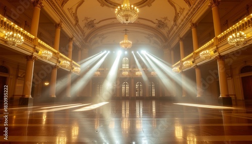Beams of light from stage lights illuminate the polished parquet floor of a luxurious, empty classical ballroom