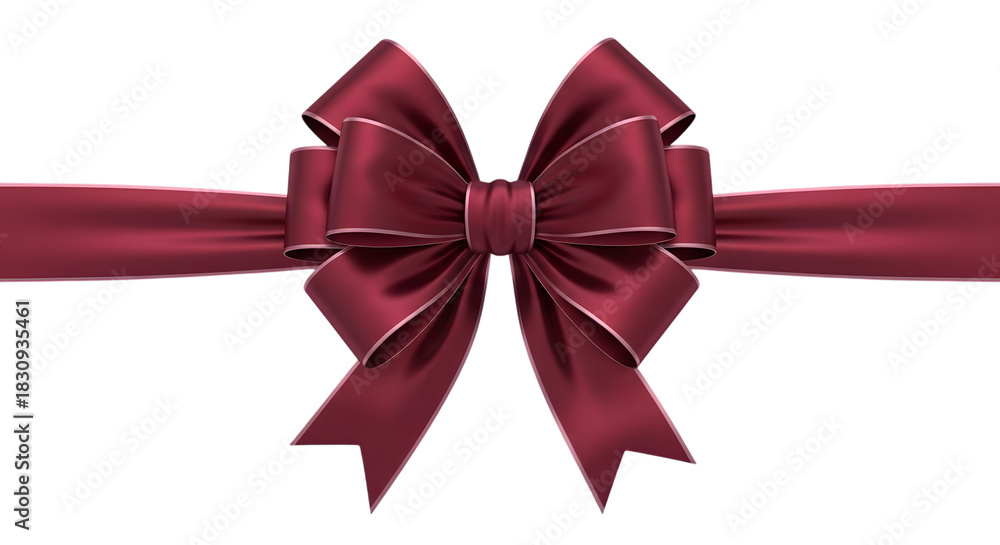 Fototapeta premium Burgundy ribbon bow with gold trim isolated on transparent background