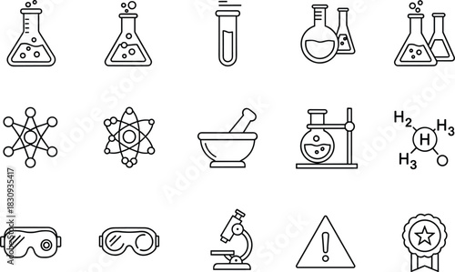 Science and Laboratory Icon Set Featuring Flasks, Molecules, Safety Gear, Microscope, Chemical Structures, and Warning Symbols in Line Style