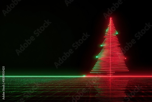 Abstract neon Christmas tree with red and blue lights on dark background