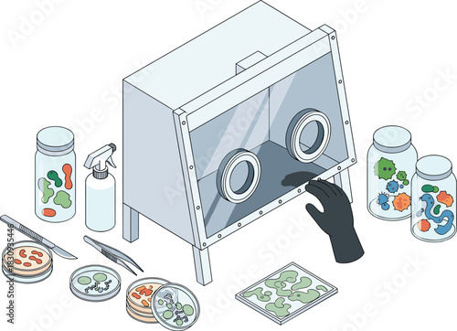 Sterile Laboratory Setup for Microbial Research Featuring Biosafety Cabinet, Petri Dishes, Disinfectants, and Precision Tools in Controlled Environment