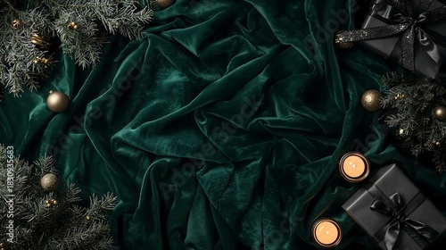 Dark Green Velvet Christmas Background with Draped Fabric, Black Gifts, and Gold Candles