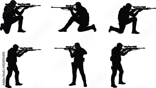 Silhouette tactical sniper soldiers aiming rifles in standing and kneeling positions for military training, security operations, combat illustration, and defense concepts