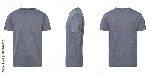 Three views of gray heathered tshirt isolated on white background