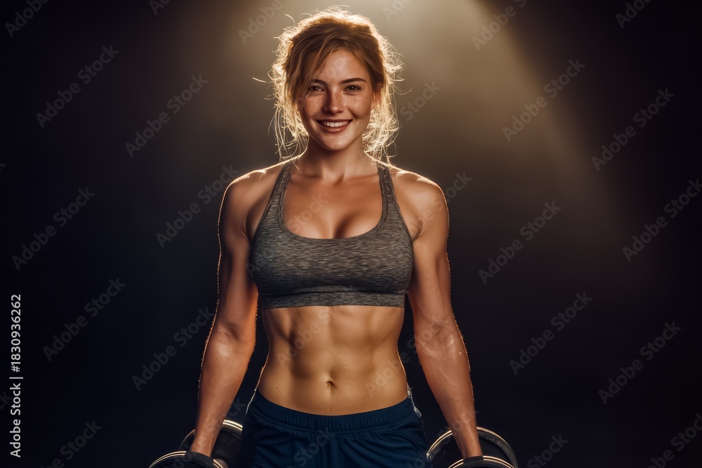 Obraz premium Woman is smiling and holding weights in her hands. She is wearing a black tank top and blue shorts