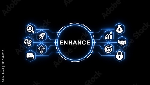 Digital infographic with the word E N H A N C E in a glowing circle surrounded by business and technology icons on a black background
