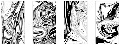 Pack of handmade stone or rock texture with liquid paint ink. Ebru, Turkish marbling art. Set of white and black marble texture vector background. Stone or rock bundle, collection. 
