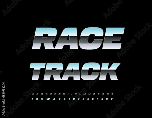 Vector Dynamic badge Race Track, Reflective Silver Font. Cool Steel Alphabet Letters and Numbers.