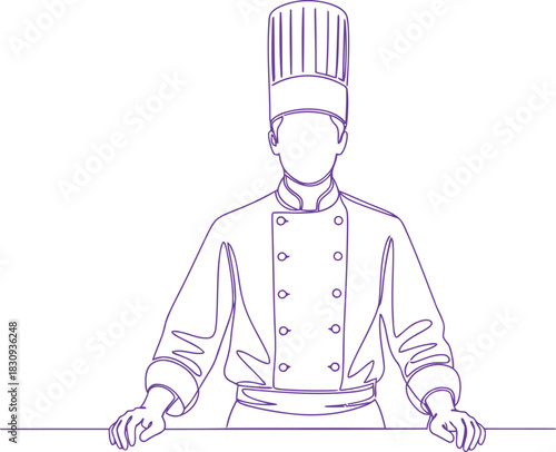 Line art drawing of professional chef in uniform with hat
